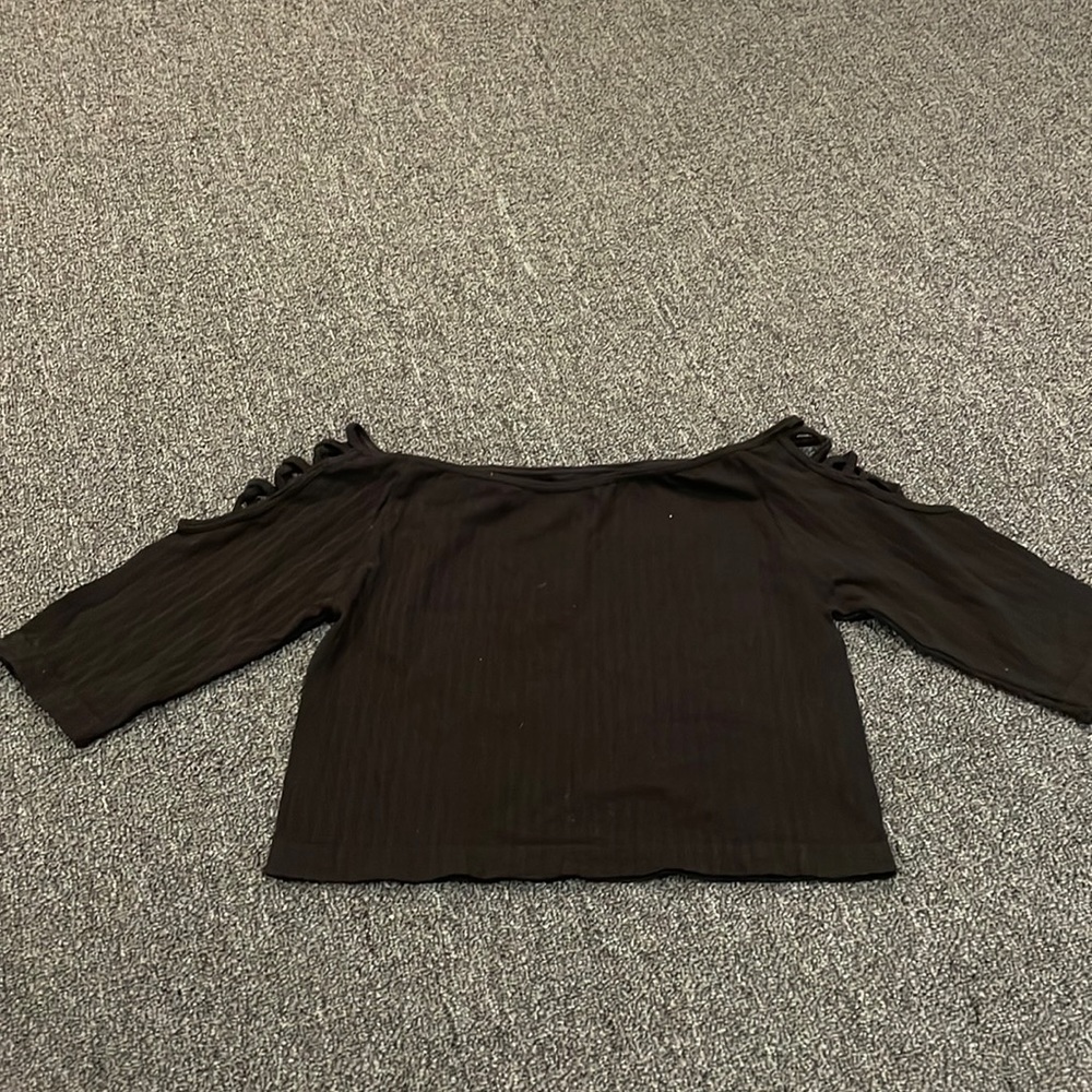 Suzette brand new short sleeve ribbed crop top with cross cross on shoulder